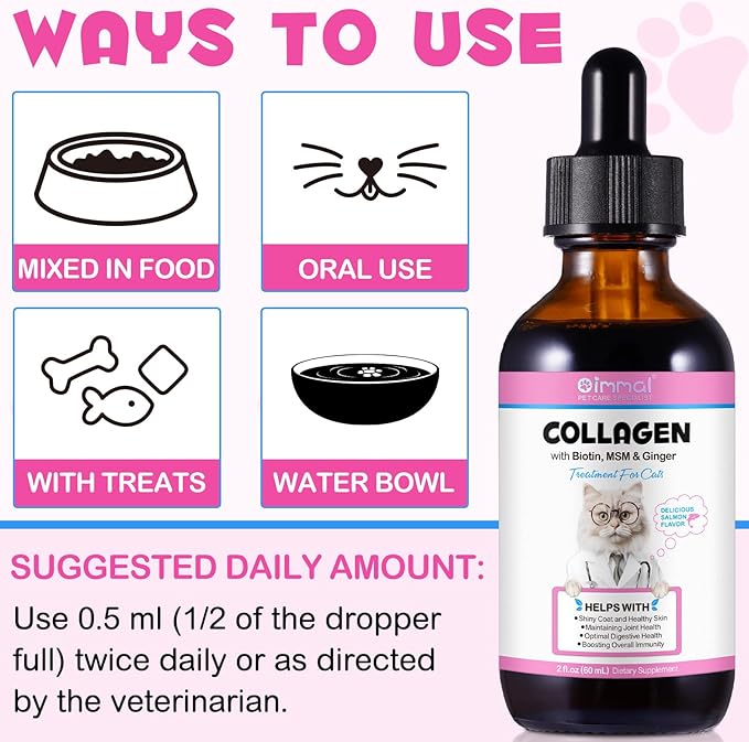 Collagen for Cats, Skin and Coat Supplement for Cats, Liquid Collagen for Cats, Itch Relief for Cats with Allergies, Support Immunity, Joint Health, Cat Collagen Supplement (2 Fl Oz)