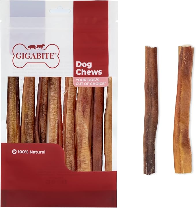 GigaBite Single Ingredient All Natural Free Range Bully Treats and Chews - Bully Sticks/Bladder Sticks/Beef Esophagus by Best Pet Supplies - Bully Sticks (Half-cut 6"), Pack of 10