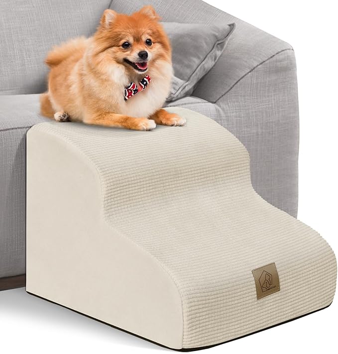 Mestuel Dog Stairs for Small Dogs Cats, Small Pet Stairs Steps, Foam 2-Tier Pet Stairs Steps for Couch Sofa, Dog Ramp Ladder Indoor with Nonslip Bottom &Washable Cover, Beige