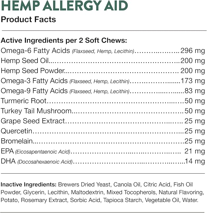 NaturVet Hemp Allergy Aid Supplement for Dogs, Hemp Seed, Antioxidants, Omegas, Dha & Epa for Healthy Skin & Respiratory Health, 60 Count