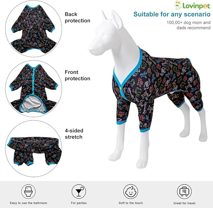 LovinPet Doberman Pajamas for Dog, Lightweight Stretchy Fabric, Jungle Friends Grey Print, Uv Protection Shirt, Easy to Wear Large Dog Pjs, Onesies for Dogs, Pajamas for Pitbulls, 2XL