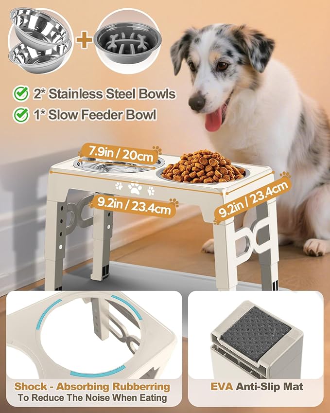 Elevated Dog Bowls, Dog Feeder with 2 Stainless Steel Dishes &1 Slow Feeder Bowl, 5 Heights Adjustable Raised Stand for Medium Large, Food Dishes with Non-Slip Feet