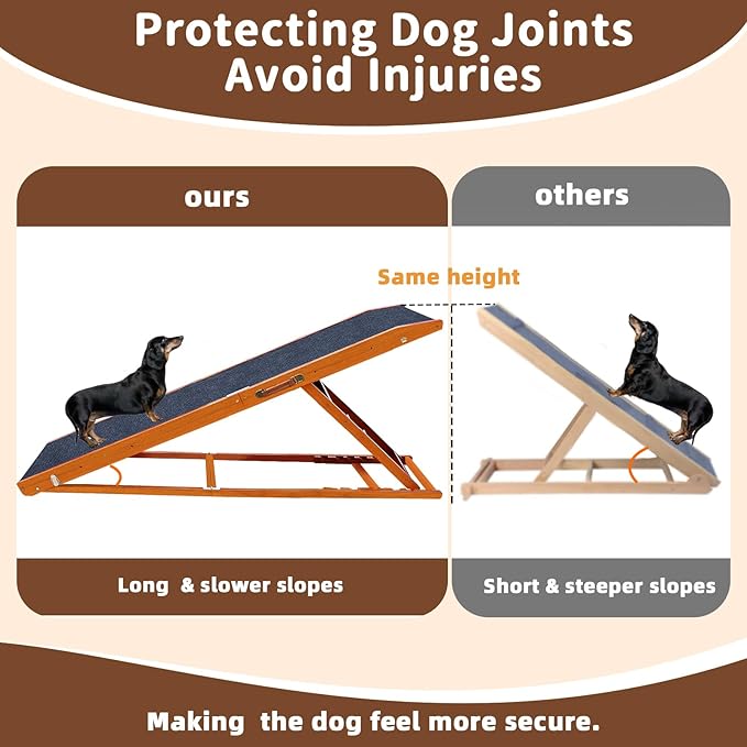 Dog Ramp for Bed - 65" Length, Supports up to 32" Height,Includes Non-Slip Replaceable Carpet, Safety Rails &Landing Platform,Adjustable & Foldable Pet Ramp for Large/Senior Dogs to Get on Bed-Walnut