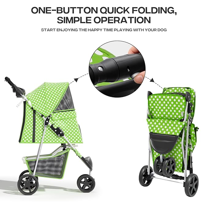 Dog Stroller for Small Dogs 10 Lbs 20 Lbs, Pet for Medium Dogs 30 Lbs, Cat Strollers for 1 Cats, 3 Wheels Foldable Jogger Puppy Stroller with Storage Basket and Cup Holder, Green Polka Dots