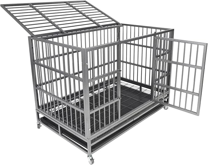 Indestructible Dog Crate Cage Kennel, 47 inches, High Anxiety Dog Crate with Removable Trays, Wheels and Double Door, for Medium and Large Dogs