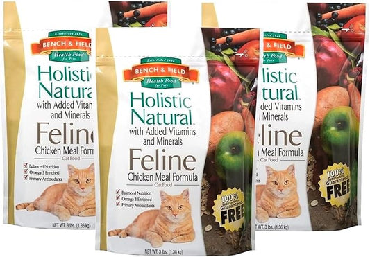 Bench & Field Holistic Natural Premium Adult Dry Cat Food, Chicken Meal and Brown Rice Recipe 3 lb Bags (Pack of 3)