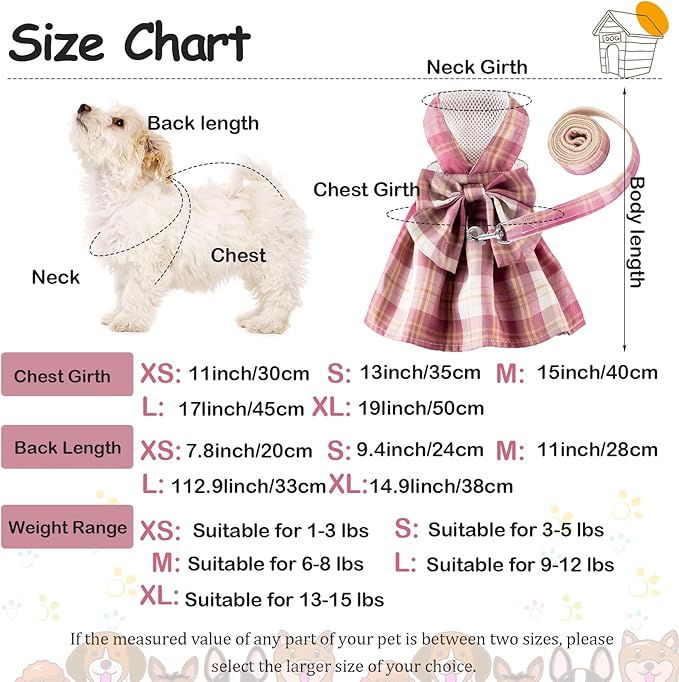 4 Pcs Cute Plaid Dog Dress Set with Bow Tie Harness & Leash for Small Dogs, Puppy Clothes for Girls Summer Outfits(S,Dark Color)