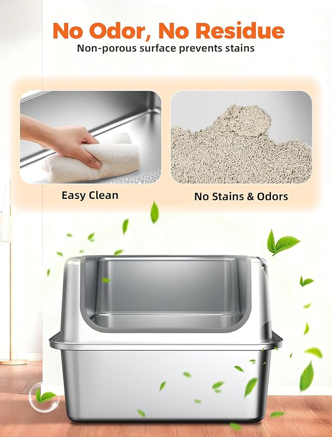 PETNF All Stainless Steel Cat Litter Box, High Sided Large Metal Litter Box - Leak-Proof, Anti-Litter Tracking, Easy Clean for Big Cats, Multi-Cat Households, 24"L x 18"W x 12"H (Silver White, 2 PACK)