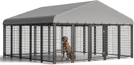 Large Dog Kennel Outside Heavy-Duty Outdoor Dog Cage with Roof and Double Lock - Spacious, Dog Crate for Pets with Feeding, 120"X117"