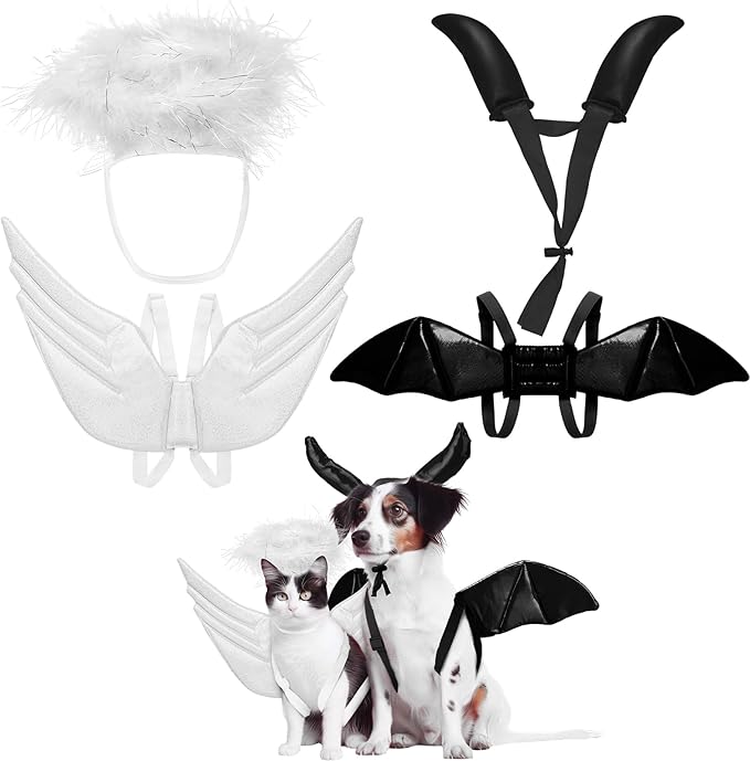 Pet Halloween Costume Angel Dog Costume Wings and Dog Devil Cat Angel Devil Cosplay Outfit Fits Many Pets for Christmas, Halloween Parties, Gifts for Dog & Cat Lovers(White, Black)