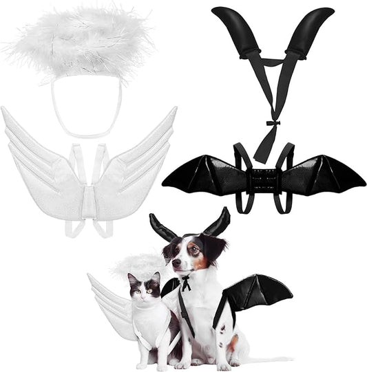 Pet Halloween Costume Angel Dog Costume Wings and Dog Devil Cat Angel Devil Cosplay Outfit Fits Many Pets for Christmas, Halloween Parties, Gifts for Dog & Cat Lovers(White, Black)