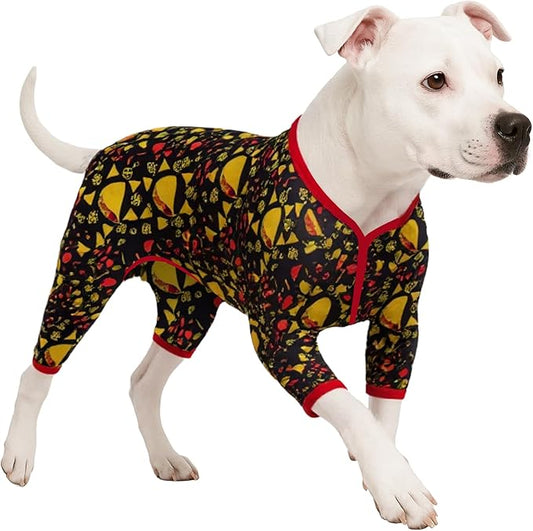 LovinPet Giant Dogs Pajamas Onesies, Big Dog Onesie Post Surgery Wear, PJS for Pitbulls, Lightweight Pitbull Dog Pullover Pajamas, Full Coverage Dog Pjs, Black Taco Print, Pitbull Clothes, 3XL