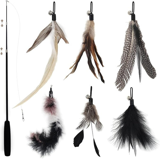 SONGWAY Interactive Cat Feather Toy Set - Retractable Teaser Wand with 6 Pcs Feather Refills with Bell, Cat Wand Toys for Indoor Cats Kittens Play Chase Exercise, Black