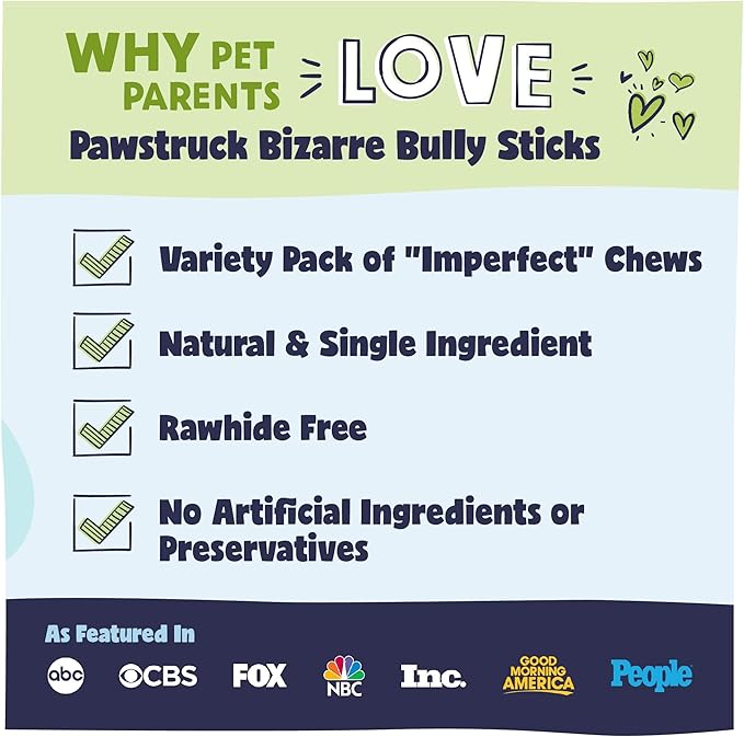 Pawstruck Natural Bizarre Bully Sticks Bargain Bag for Dogs and Puppies – Variety Pack of 5–7" Long-Lasting, Eco-Conscious Beef Chew Treats – 8 oz Bag – Packaging May Vary