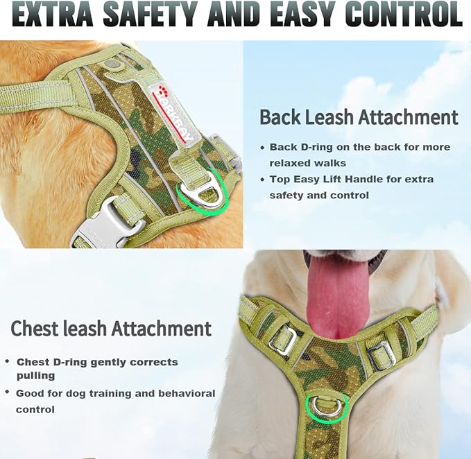 BARKBAY No Pull Dog Harness Large Reflective Dog Harness with Front Clip and Easy Control Handle for Walking Training Running with ID tag Pocket(Camo,L)