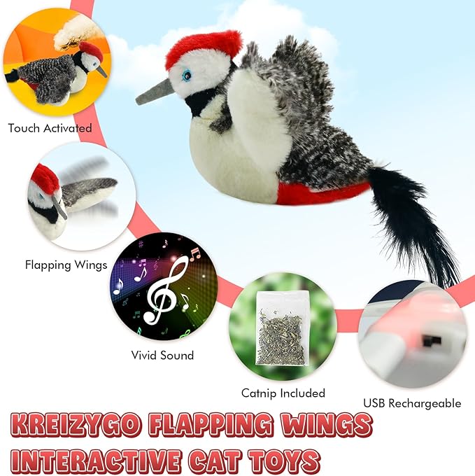 Cat Toys, Flapping Wings Woodpecker, No Flying, Chirping Bird Interactive Catnip Toy for Kitten or Small Dogs, Touch Activated, Rechargeable, 3 Modes