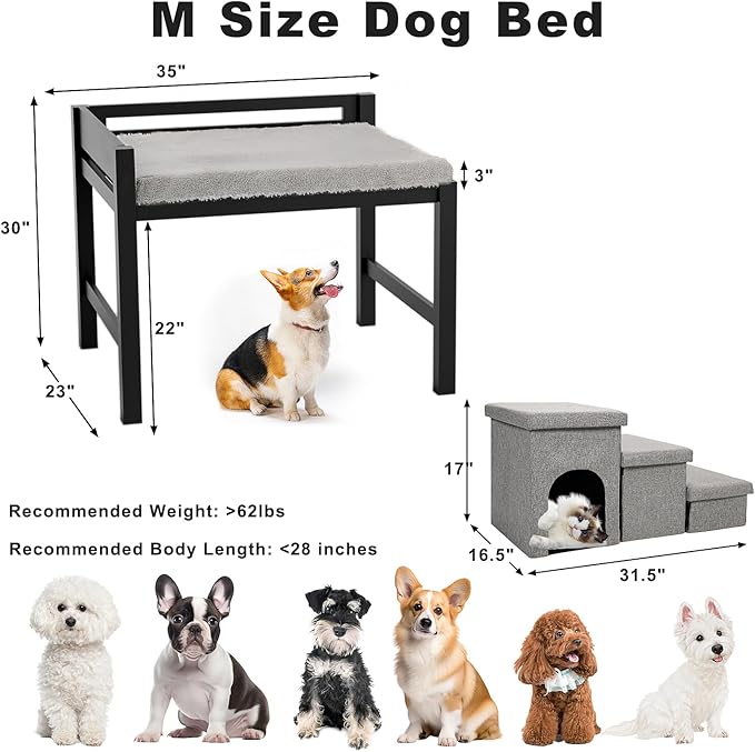 Bedside Dog Bed with Stairs，35×23 Wooden Elevated Dog Bed Cosleeper with Removable Mattress, Foldable 3-Step Stairs & Guardrail, Bassinet-Style Pet Bed for Medium Dogs