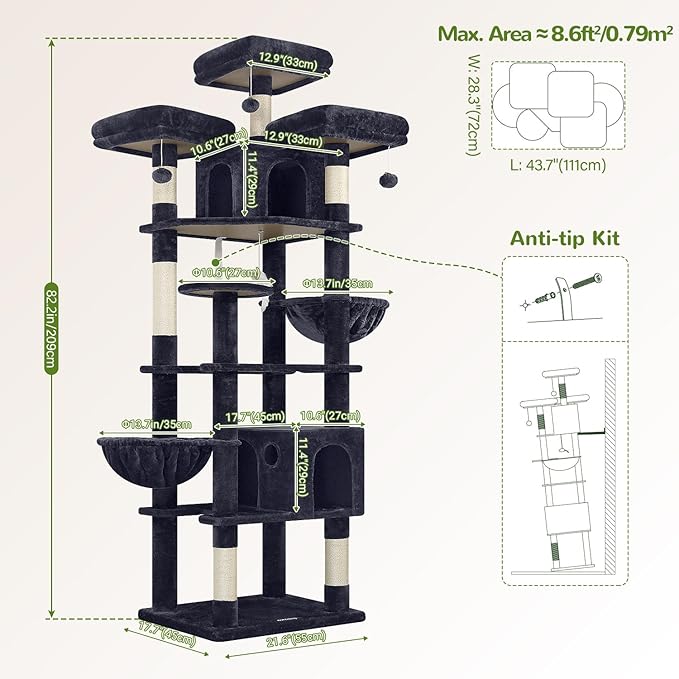 Globlazer Cat Trees and Towers for Multiple Adult Cats, 82-inch XXL Tall Cat Tree Tower for Indoor Cats with Scratching Post, 3 Perches, 2 Condos, 2 Hanging Baskets, F82, Dark Grey