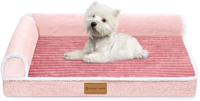 Patas Lague Orthopedic Dog Bed Medium Size Dog 30''X20'', Waterproof Comfortable L Bolster Medium Non-Slip Soft Warm Pet Crate Bed Sleep Sofa mat with Removable Washable Cover, Pink