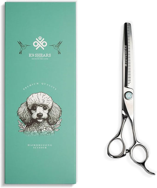7" Dog Grooming Thinning Scissors – European Style Fast Hair Release, Handcrafted, Ergonomic, VG10 Stainless Steel for Sharper, Tougher, Better Edge Retention, Thinning Rate 50%