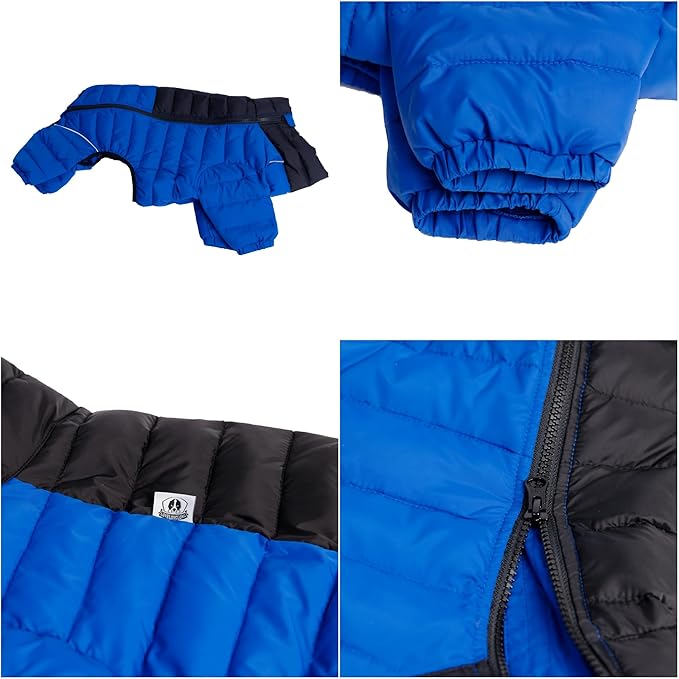 Dog Coat Dog Warm Jacket, 4 Legs Covered Waterproof Windproof Reflective Warm Dog Vest, Zippered Adjustable Outdoor Dog Snow Jacket for Small Medium Large Dogs Blue XXL