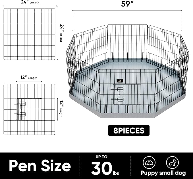 PJYuCien Dog Playpen, 8 Panels 24’’H Dog Pens Indoor with Bottom Pad, Metal Foldable Pet Puppy Exercise Fence Crate Kennel, Better for Small Animals,Grey