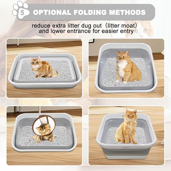 Large Cat Litter Box for Kittens to Senior Cat, Elderly and Fat Cat,Elderly cat Mobility Issues,Foldable Travel Litter Box with Scoop (Grey)