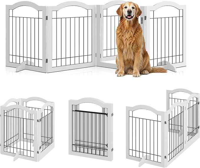 Vantas Folding No-Assembly Dog Door Pet Gate 96" Wide, 30" Tall Wooden Dog Gate with Door Walk Through, Freestanding Wire Pet Gate, Pet Puppy Safety Fence, with 2PCS Support – White