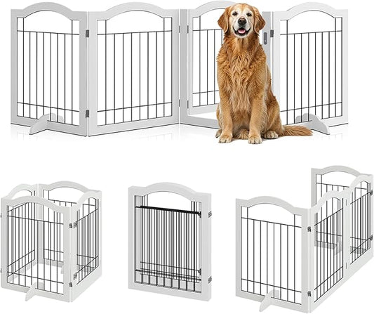 Vantas Folding No-Assembly Dog Door Pet Gate 96" Wide, 30" Tall Wooden Dog Gate with Door Walk Through, Freestanding Wire Pet Gate, Pet Puppy Safety Fence, with 2PCS Support – White