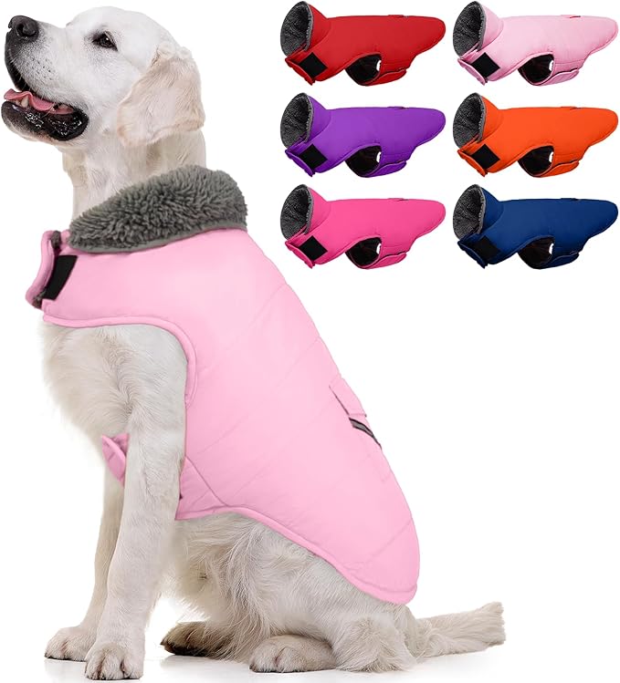 MIGOHI Warm Dog Coat - Winter Dog Jacket, Reflective Windproof Fleece Vest with Leash Hole and Furry Collar, LightPink,3XL