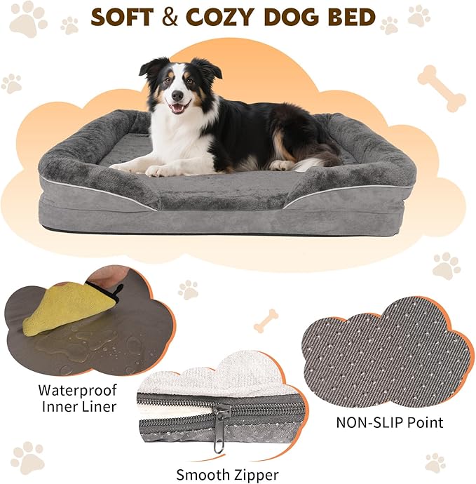 Dog Bed Medium to Large Dogs - Waterproof Couch with Removable Washable Cover and Egg Crate Foam Comfort Cage Beds Zipper Non-Slip Bottom Pad Bite-Proof