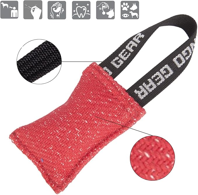 Dingo Gear French Linen tug Toy for Dog, Dog Bumper for Training, Agility, tug of war, Dog bite Pillow for Strong Dog, 1handle 4" red S00087