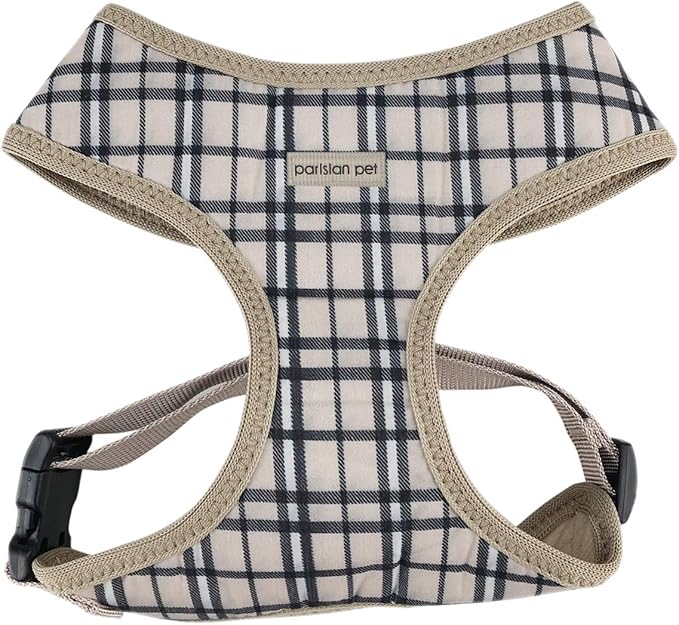 Parisian Pet Adjustable Plaid Khaki Dog Vest - 100% Mesh Fabric No Pull Dog Harness - Small, Cooling for Walking, Running, Hiking - Puppy Harness
