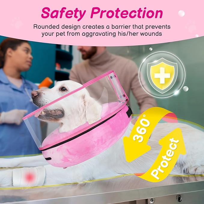 BARKLESS Inflatable Dog Cone, Protective Dog Surgery Collar to Stop Licking Biting Wounds, Patented Soft Donut Cone with Clear Shield, Adjustable Blow-up Collar for Surgery Recovery (Pink, S)