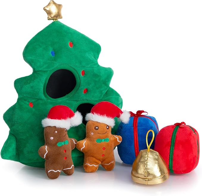 Hollypet Squeaky Dog Toy, Interactive Plush Hide and Seek Dog Toys for Small Medium Sized Dogs and Non-Aggressive Chewers, Puppy Teeth Clean Chew Toys, Christmas Tree