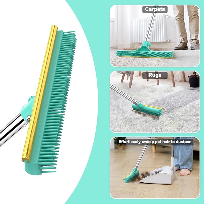Carpet Rake for Pet Hair Removal - 60" Adjustable Long Handle Carpet Rake, 3 in 1 Reusable Pet Hair Removal Tool Kit, Cat Dog Fur Rakes Scraper Carpet Broom for Carpets, Rugs, Mats