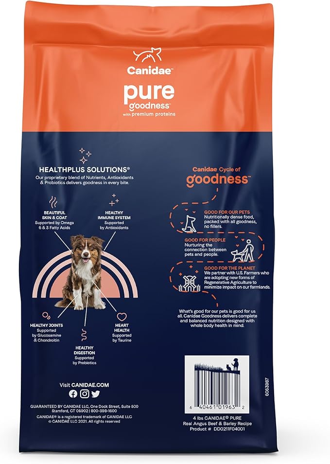 CANIDAE Pure Limited Ingredient Premium Adult Dry Dog Food, Real Beef & Barley Recipe, 4 lbs, with Wholesome Grains
