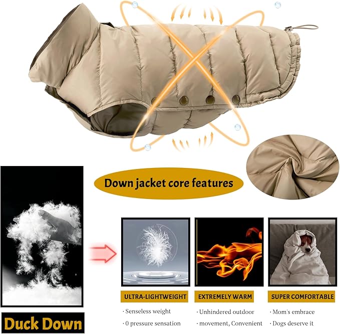 SPACE LION Puffer Jacket, Down Winter Coat, Waterproof, Windproof, Lightweight Jacket, Adjustable Fit for Small, Medium, Large Dogs (Khaki Brown, 2XL)