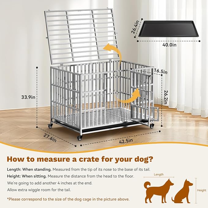 42" Heavy Duty Dog Crates for Large Dogs, Upgraded 4 Lockable Wheels, Stainless Steel Kennel Dog Kennel Indoor, Max Load 300Lbs, Easy to Clean, Escape Proof, XL Dog Cage for High Anxiety Dogs