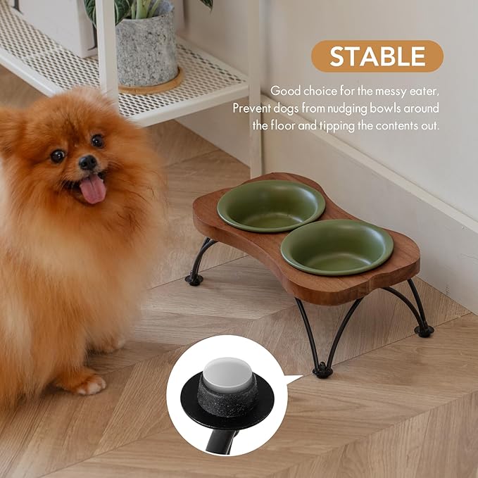 Ceramic 5.5-inch Raised Double-Bowl Set with Non-Slip Stand, Food & Water Dishes for Puppies and Cats, Wide Opening with Rounded Edges(Olive Green)