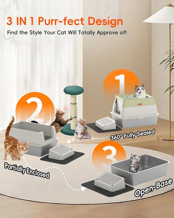 3-in-1 Extra Large Stainless Steel Cat Litter Box with Lid, XL Enclosed Top Entry Metal Litter Box for Large Cats, Non-Stick & Odor Control, Leak-Proof, Easy Cleaning for Multi-Cat Home, Green
