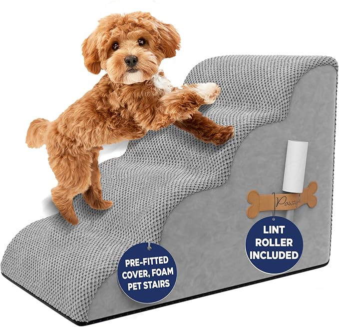 PAWZY Foam Pet Stairs for Small Dogs & Cats – 4-Step Dog Ramp 20” High, Wide Non-Slip Steps for Bed & Couch – Washable Pre-Fitted Cover (no Assembly Required), Waterproof Base – Grey