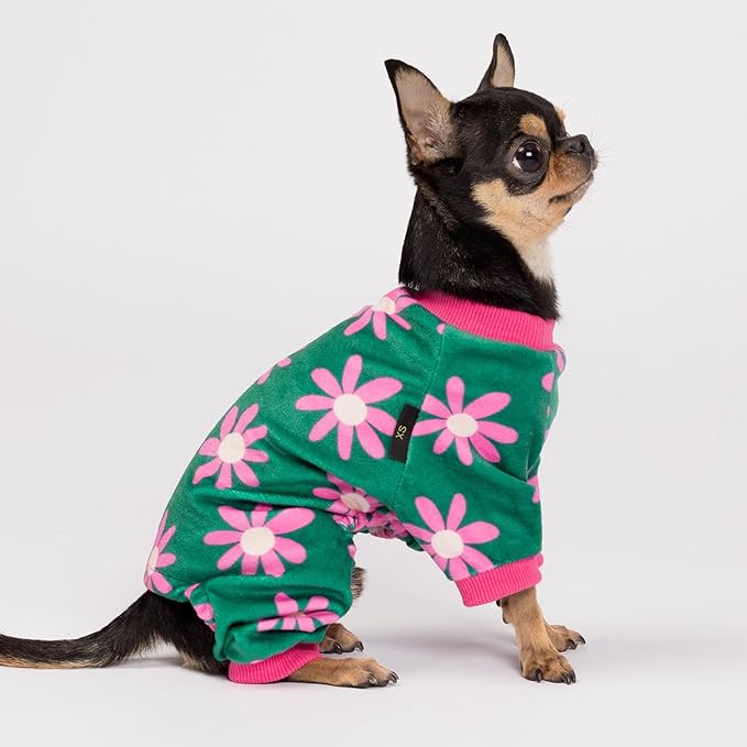 Fitwarm Flower Fleece Dog Pajamas, Warm Winter Dog Clothes for Small Dogs Girl, Cozy Pet Onesie with Feet, Dark Green, Small