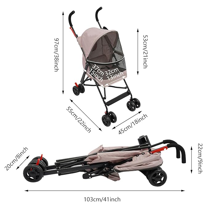 Pet Stroller, Foldable Pet Stroller with Weather Cover, Dog Cat Strolling Cart with 360° Wheels & Brakes for Small and Medium-Sized Dogs or Cats (Pink)