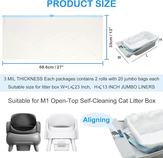ELEGX 120 Count Litter Box Liners Bags, 3MIL Extra Thick Heavy Duty,27.1" x 12.9" Compatible with Neakasa M1, PetPivot AutoScooper 11 Open-Top Automatic Self-Cleaning Cat Litter Robot Box