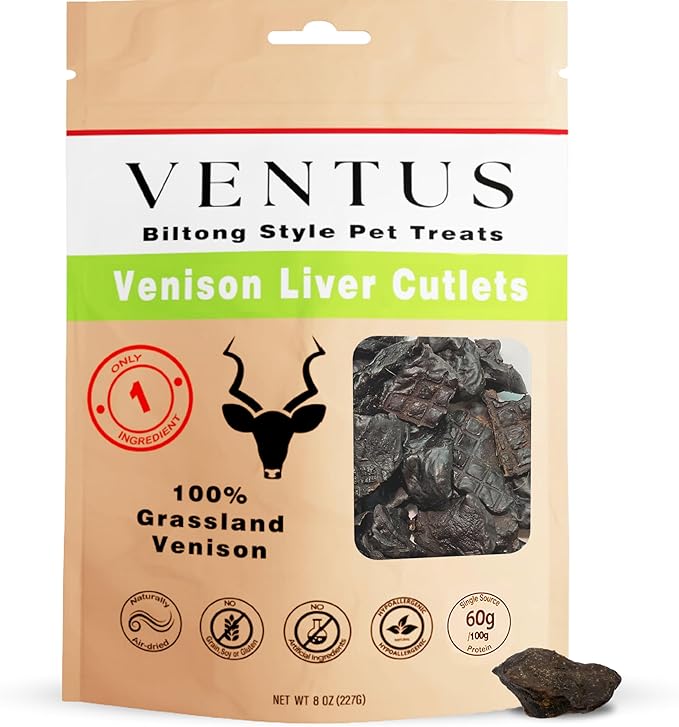 VENTUS Dog Training Treats - Single Ingredient Venison Jerky Liver Treats, All Natural, Air Dried, Low Fat, High Value Training Treats for Dogs, Organic, 8 oz