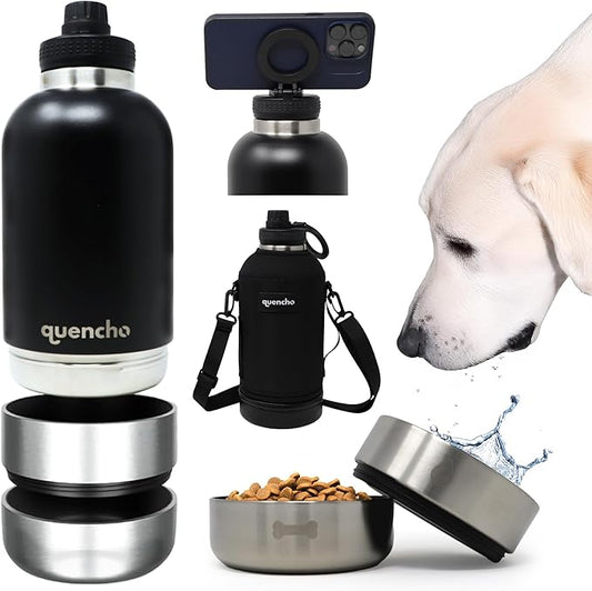 64oz Portable Dog Water Bottle for Hiking Travel Camping | 4-in-1 Stainless Steel Pet Water & Food Bowl Dispenser with Case & Strap