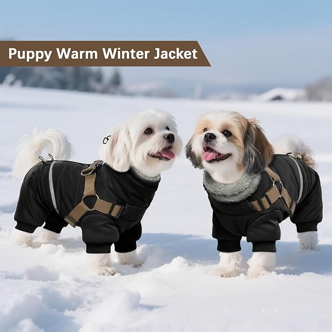 BRKURLEG Black Dog Coat with Harness, Dog Winter Jacket, Dogs Onesie Body Warm Jackets, Small Dogs Winter Coats Reflective Windproof Warm Cold Weather Coats, Pet Waterproof Jacket Hiking XL