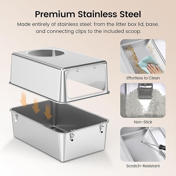 Stainless Steel Litter Box with Lid, Enclosed Metal with High Sides, Large Cat Litter Box, Dog-Proof, Odor Control, Easy to Clean,Durable with Round Edge (Frontal Opening)