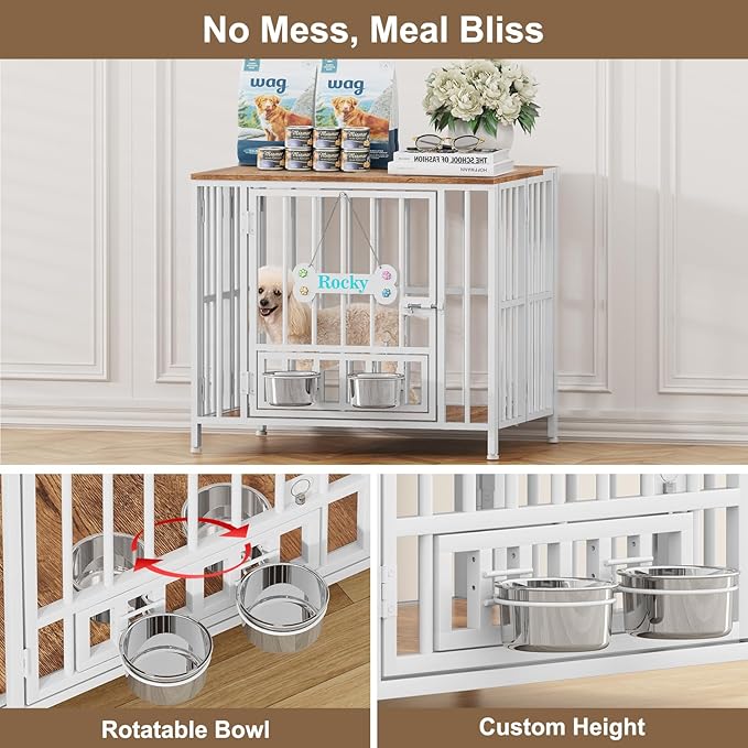 Easycom 27" Dog Crate Furniture Foldable, No Assembly Decorative Dog Kennel Indoor, Dog Crates for Small Dogs (Under 20 lb), Wooden Dog Cage with Bowls and Name Tag, End Table, White & Beech